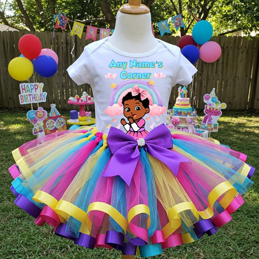 All Sizes CoComelon TV Girls Custom Personalized Name Rainbow Ribbon Sewn Tutu Outfit Set Dress
