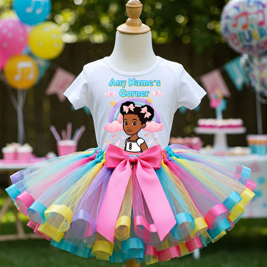 All Sizes Gracie's Corner Custom Personalized Name Pastel Rainbow Ribbon Sewn Tutu Outfit Set Dress