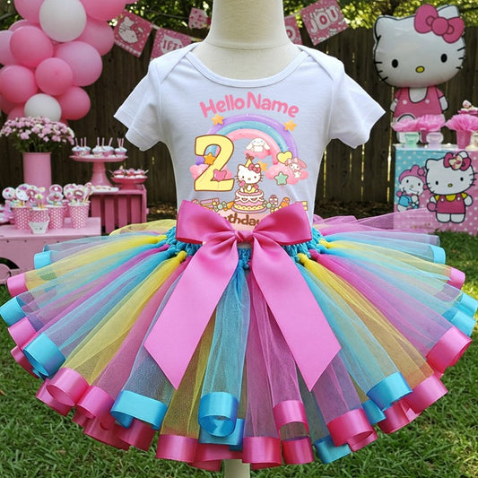 All Sizes Hello Kitty Custom Personalized Name Birthday Rainbow Ribbon Sewn Tutu Outfit Set Dress
