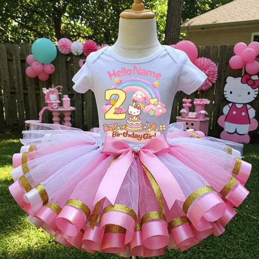 All Sizes Hello Kitty Custom Personalized Name Birthday Pink White Gold Ribbon Sewn Tutu Outfit Set Dress