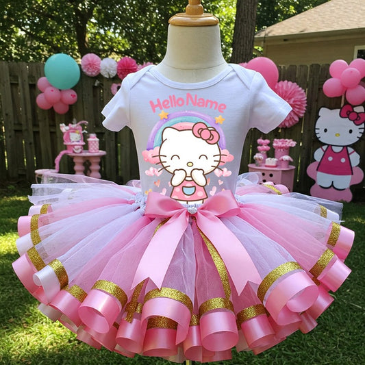 All Sizes Hello Kitty Custom Personalized Name Pink White Gold Ribbon Sewn Tutu Outfit Set Dress