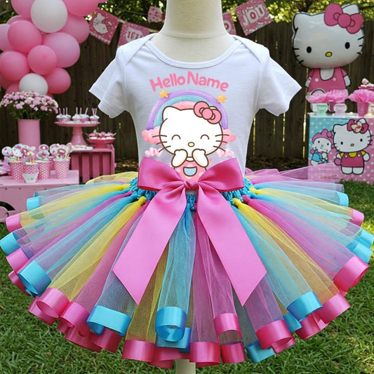 All Sizes Hello Kitty Custom Personalized Name Rainbow Ribbon Sewn Tutu Outfit Set Dress
