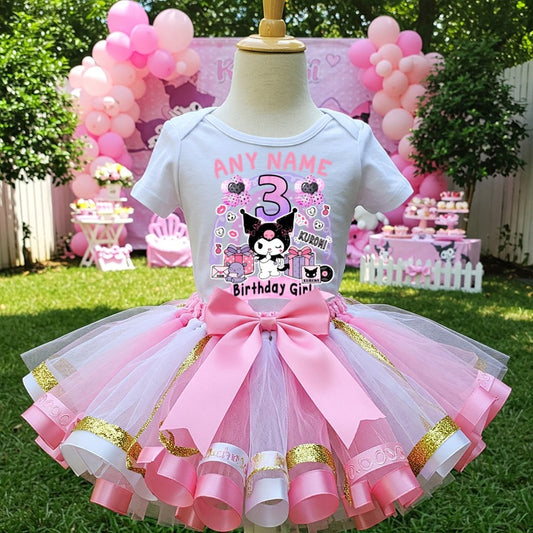 All Sizes Hello Kitty Kuromi Custom Personalized Name Birthday Pink White Gold Ribbon Sewn Tutu Outfit Set Dress