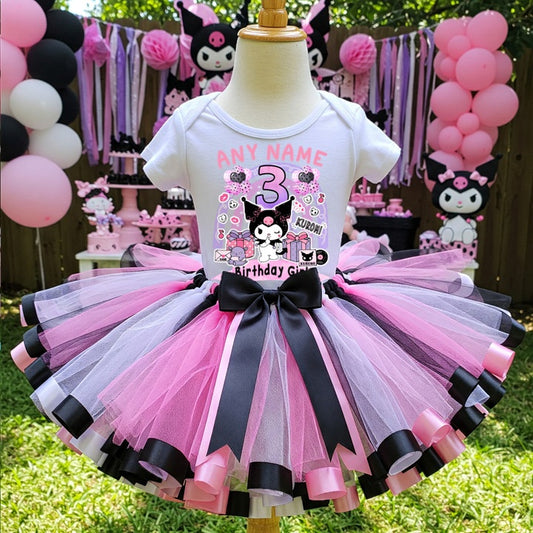 All Sizes Hello Kitty Kuromi Custom Personalized Name Birthday Pink White Black Ribbon Sewn Tutu Outfit Set Dress