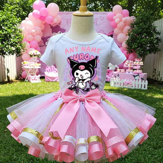 All Sizes Hello Kitty Kuromi Custom Personalized Name Pink White Gold Ribbon Sewn Tutu Outfit Set Dress