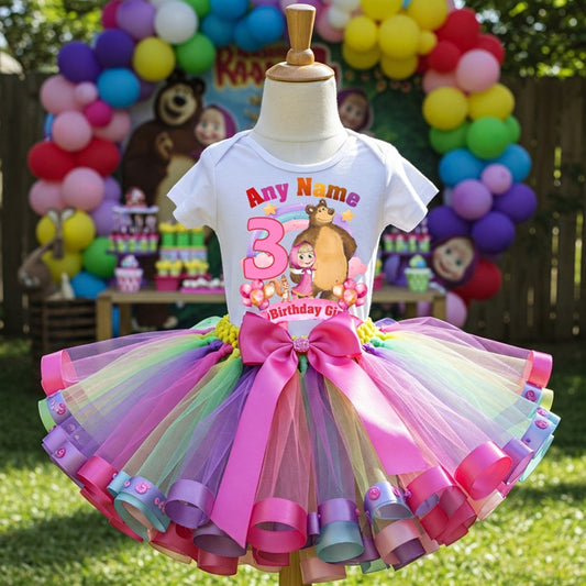 All Sizes Masha and the Bear Custom Personalized Name Birthday Rainbow Ribbon Sewn Tutu Outfit Set Dress