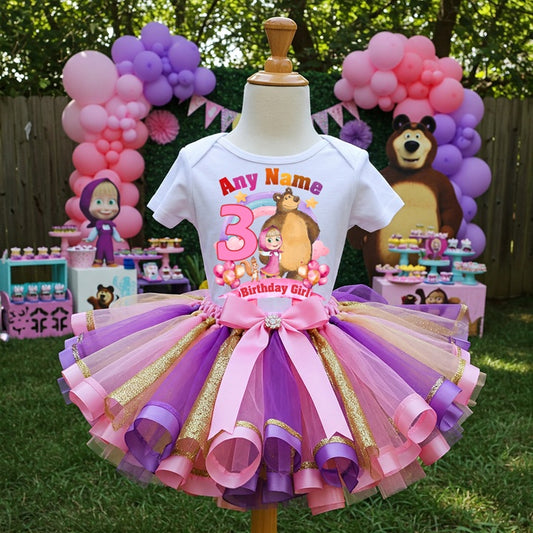 All Sizes Masha and the Bear Custom Personalized Name Birthday Pink Purple Gold Ribbon Sewn Tutu Outfit Set Dress