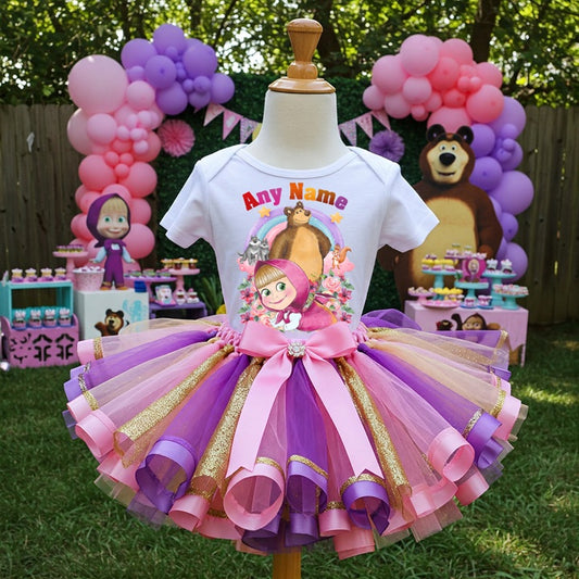 All Sizes Masha and the Bear Custom Personalized Name Pink Purple Gold Ribbon Sewn Tutu Outfit Set Dress