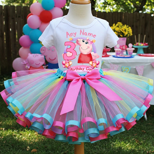 All Sizes Peppa Pig Custom Personalized Name Birthday Rainbow Ribbon Sewn Tutu Outfit Set Dress