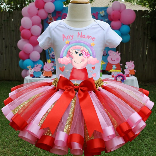 All Sizes Peppa Pig Custom Personalized Name Pink Red Gold Ribbon Sewn Tutu Outfit Set Dress