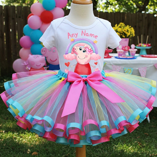All Sizes Peppa Pig Custom Personalized Name Rainbow Ribbon Sewn Tutu Outfit Set Dress