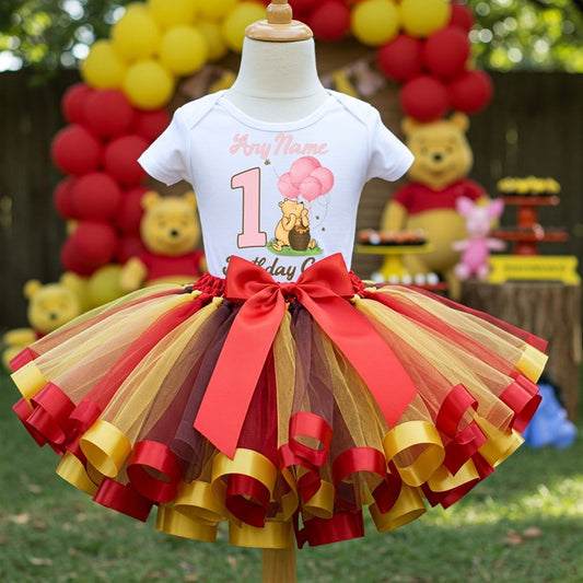 All Sizes Winnie the Pooh Girls Custom Personalized Name Birthday Red Yellow Brown Ribbon Sewn Tutu Outfit Set Dress