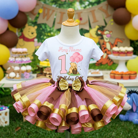 All Sizes Winnie the Pooh Girls Custom Personalized Name Birthday Pink Gold Brown Ribbon Sewn Tutu Outfit Set Dress