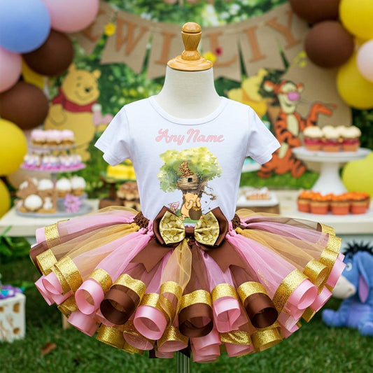 All Sizes Winnie the Pooh Girls Custom Personalized Name Pink Gold Brown Ribbon Sewn Tutu Outfit Set Dress