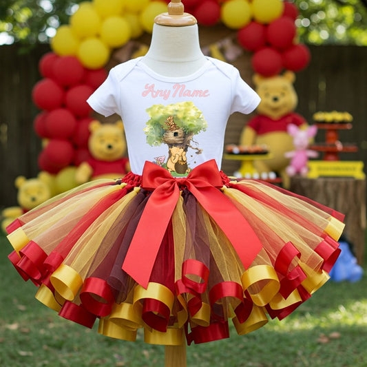 All Sizes Winnie the Pooh Girls Custom Personalized Name Red Yellow Brown Ribbon Sewn Tutu Outfit Set Dress