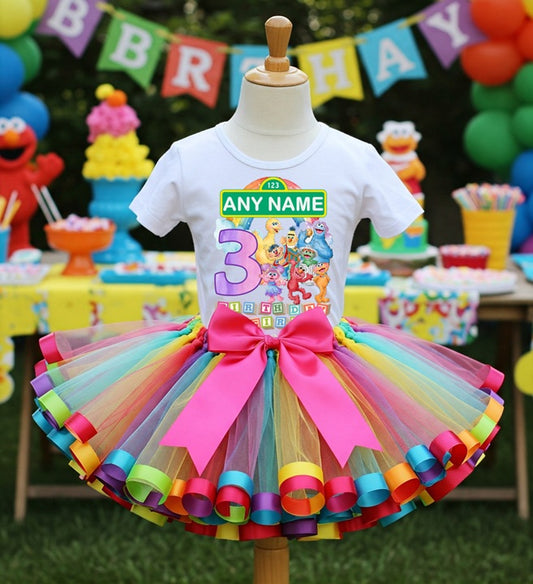 All Sizes Sesame Street Custom Personalized Name Birthday Rainbow Ribbon Sewn Tutu Outfit Set Dress