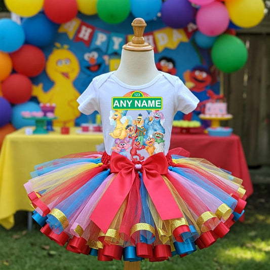 All Sizes Sesame Street Custom Personalized Name Multicolor Ribbon Sewn Tutu Outfit Set Dress