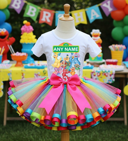 All Sizes Sesame Street Custom Personalized Name Rainbow Ribbon Sewn Tutu Outfit Set Dress