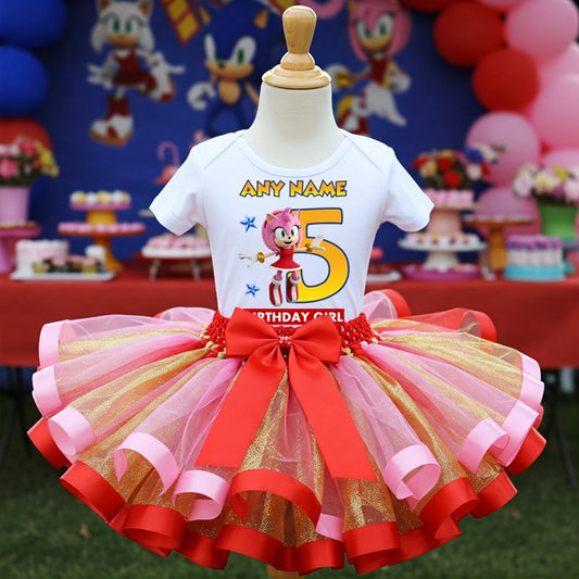 All Sizes Sonic the Hedgehog Movie Amy Rose Custom Personalized Name Birthday Pink Red Gold Ribbon Sewn Tutu Outfit Set Dress