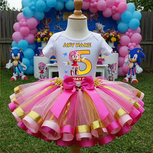 All Sizes Sonic the Hedgehog Movie Amy Rose Custom Personalized Name Birthday Pink Hot Pink Gold Ribbon Sewn Tutu Outfit Set Dress