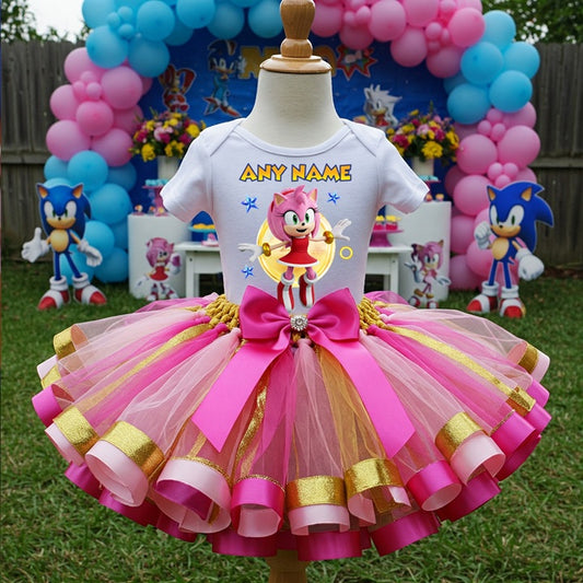 All Sizes Sonic the Hedgehog Movie Amy Rose Custom Personalized Name Pink Hot Pink Gold Ribbon Sewn Tutu Outfit Set Dress