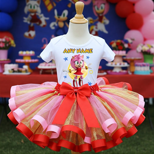 All Sizes Sonic the Hedgehog Movie Amy Rose Custom Personalized Name Pink Red Gold Ribbon Sewn Tutu Outfit Set Dress