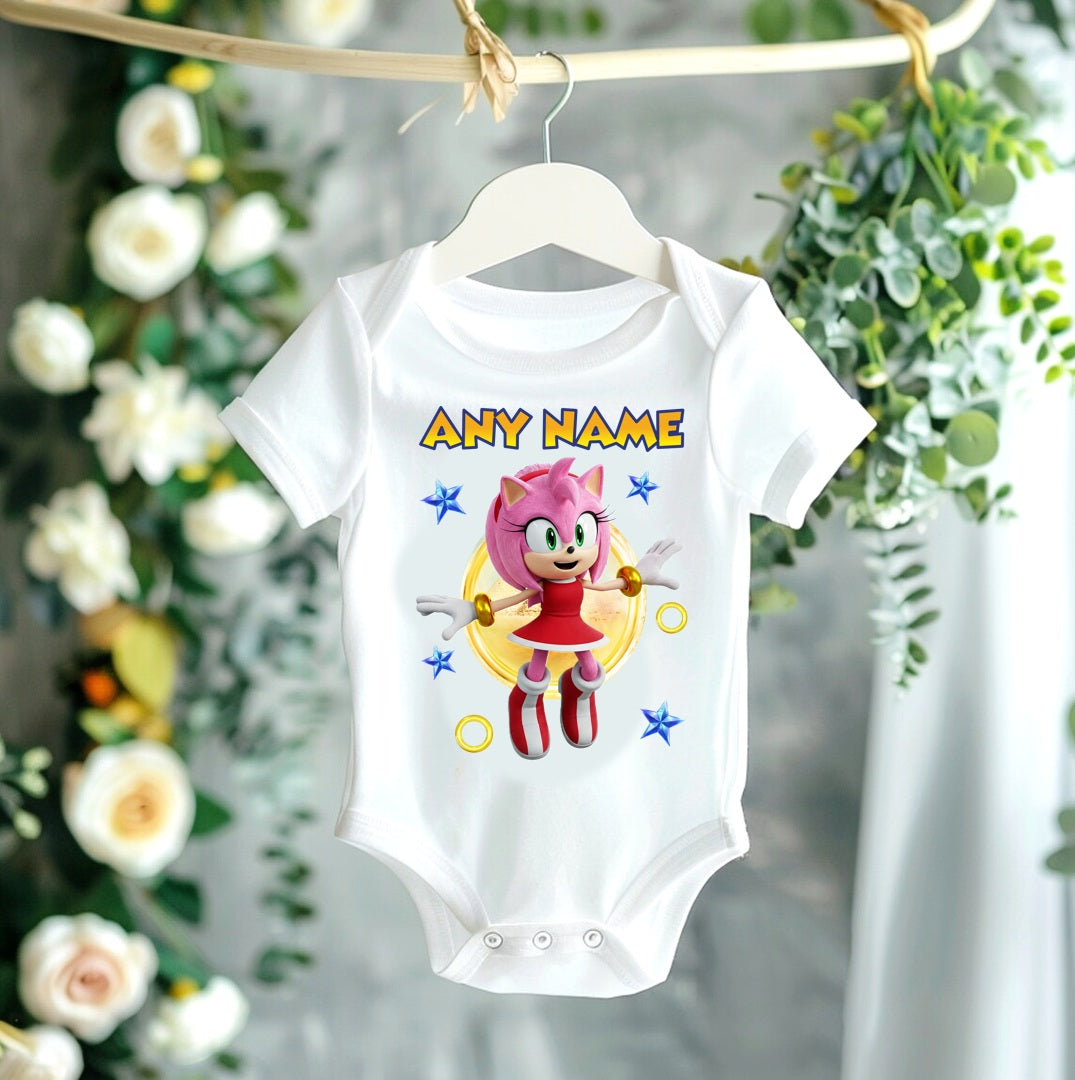 All Sizes Sonic the Hedgehog Movie Amy Rose Custom Personalized Name Pink Hot Pink Gold Ribbon Sewn Tutu Outfit Set Dress