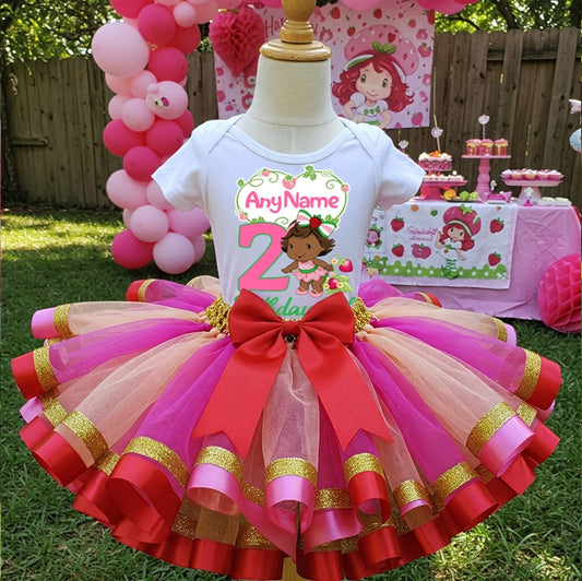 All Sizes Strawberry Shortcake Baby Black African American Custom Personalized Name Birthday Red Pink Gold Ribbon Sewn Tutu Outfit Set Dress