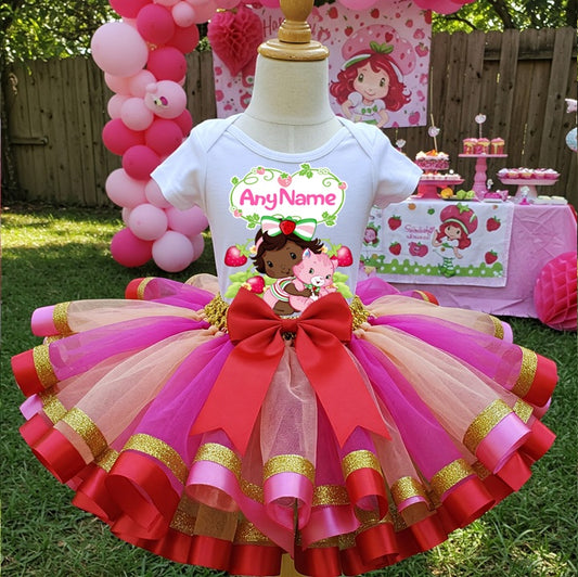 All Sizes Strawberry Shortcake Baby Black African American Custom Personalized Name Red Pink Gold Ribbon Sewn Tutu Outfit Set Dress