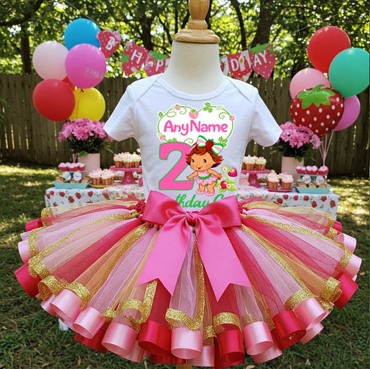 All Sizes Strawberry Shortcake Baby Custom Personalized Name Birthday Red Pink Gold Ribbon Sewn Tutu Outfit Set Dress