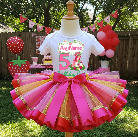 All Sizes Strawberry Shortcake Custom Personalized Name Birthday Red Pink Gold Ribbon Sewn Tutu Outfit Set Dress