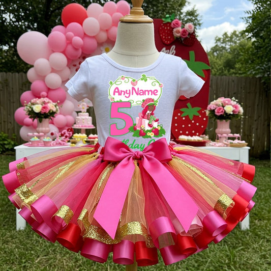 All Sizes Strawberry Shortcake Black African American Custom Personalized Name Birthday Red Pink Gold Ribbon Sewn Tutu Outfit Set Dress
