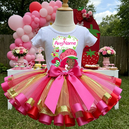 All Sizes Strawberry Shortcake Black African American Custom Personalized Name Red Pink Gold Ribbon Sewn Tutu Outfit Set Dress