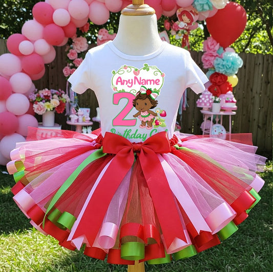 All Sizes Strawberry Shortcake Baby Black African American Custom Personalized Name Birthday Red Pink Green Ribbon Sewn Tutu Outfit Set Dress
