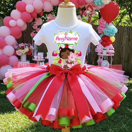 All Sizes Strawberry Shortcake Baby Black African American Custom Personalized Name Red Pink Green Ribbon Sewn Tutu Outfit Set Dress