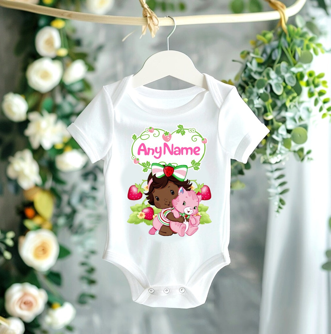 All Sizes Strawberry Shortcake Baby Black African American Custom Personalized Name Red Pink Gold Ribbon Sewn Tutu Outfit Set Dress
