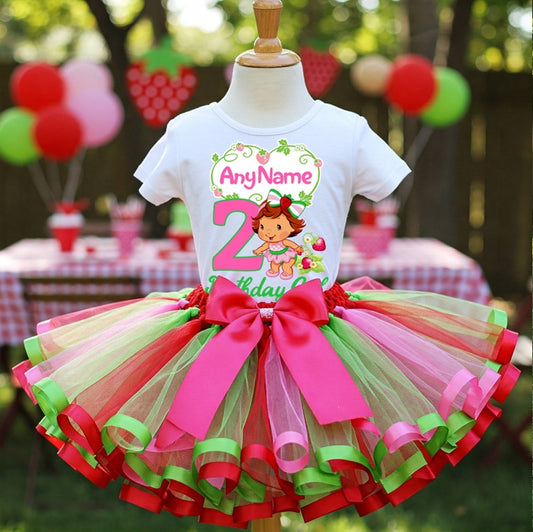 All Sizes Strawberry Shortcake Baby Custom Personalized Name Birthday Red Pink Green Ribbon Sewn Tutu Outfit Set Dress