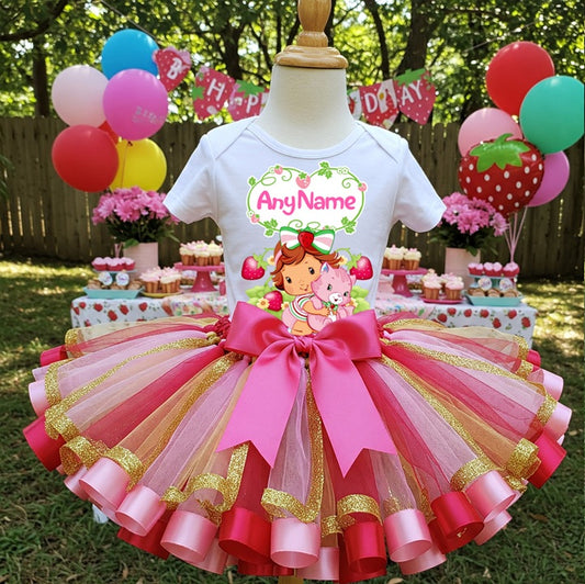 All Sizes Strawberry Shortcake Baby Custom Personalized Name Red Pink Gold Ribbon Sewn Tutu Outfit Set Dress