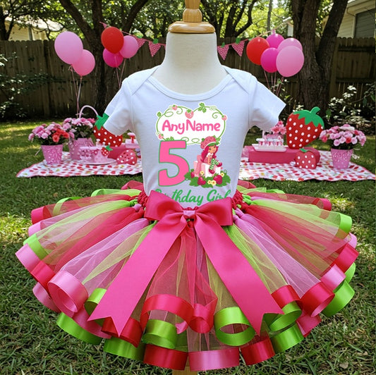 All Sizes Strawberry Shortcake Custom Personalized Name Birthday Red Pink Green Ribbon Sewn Tutu Outfit Set Dress