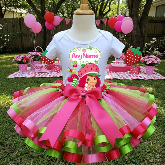 All Sizes Strawberry Shortcake Custom Personalized Name Red Pink Green Ribbon Sewn Tutu Outfit Set Dress