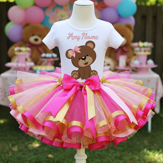 All Sizes Cute Little Teddy Bear Pink Custom Personalized Name Pink Gold Hot Pink Ribbon Sewn Tutu Outfit Set Dress