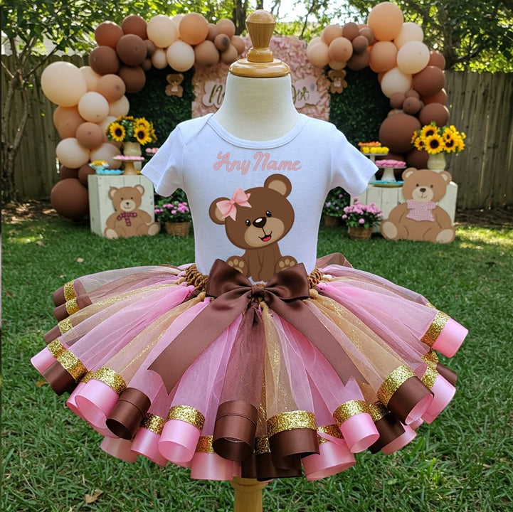 All Sizes Cute Little Teddy Bear Pink Custom Personalized Name Pink Brown Gold Ribbon Sewn Tutu Outfit Set Dress