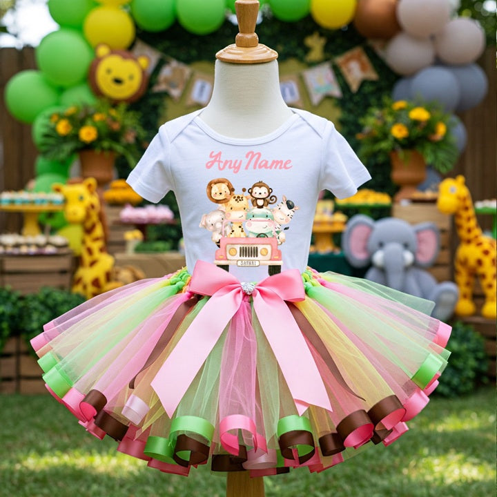 All Sizes Wild One Safari Animals Pink Custom Personalized Name Pink Brown Green Ribbon Sewn Tutu Outfit Set Dress