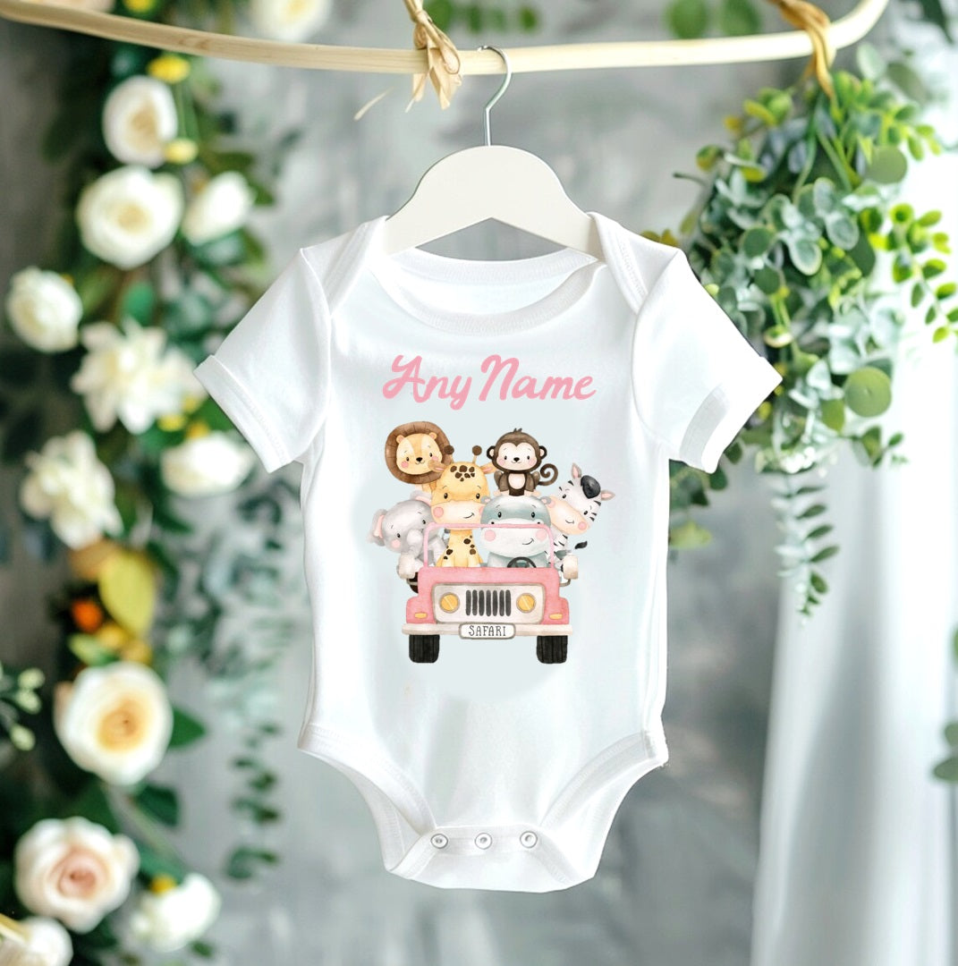 All Sizes Wild One Safari Animals Pink Custom Personalized Name Pink Brown Gold Green Ribbon Sewn Tutu Outfit Set Dress