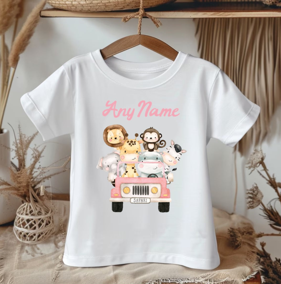 All Sizes Wild One Safari Animals Pink Custom Personalized Name Pink Brown Gold Green Ribbon Sewn Tutu Outfit Set Dress